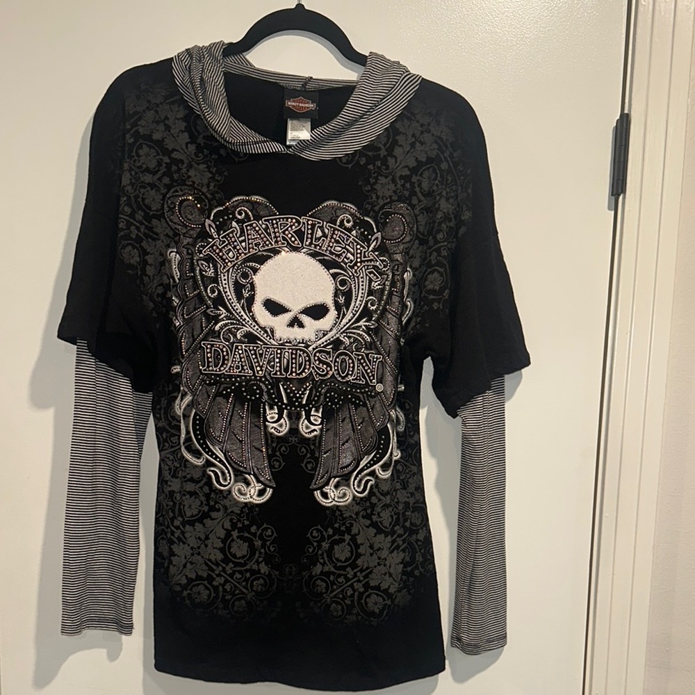 Beautiful rhinestones Harley Davidson Black Graphic Hoodie